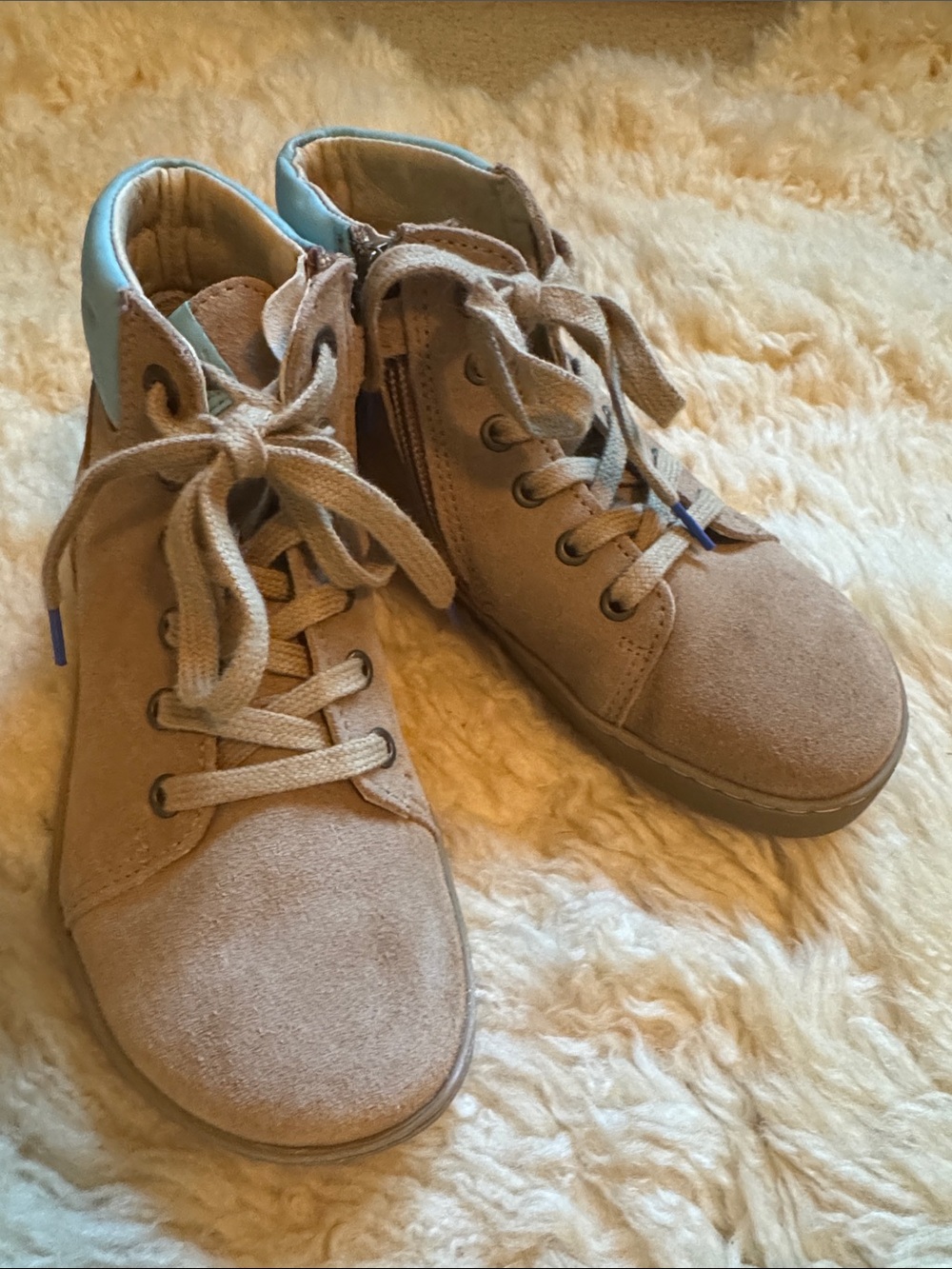 Birkenstock Kids Tan Suede High-Top Boots with Light Blue Trim